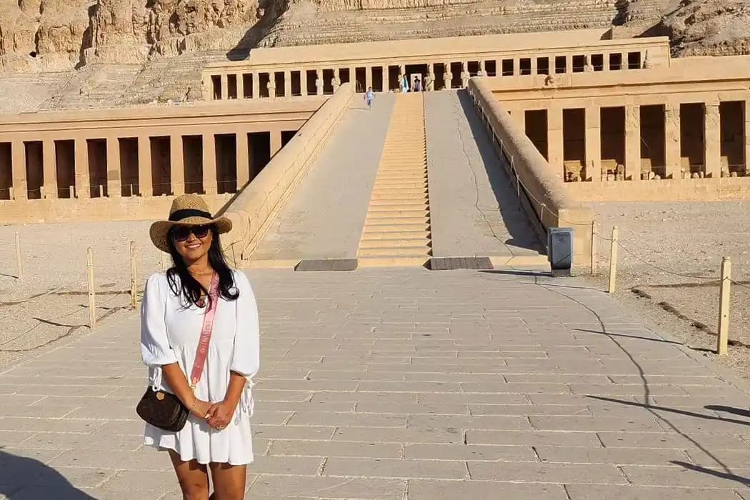 A Female tourist in Temple of Hatshepsut A Female tourist in Temple of Hatshepsut