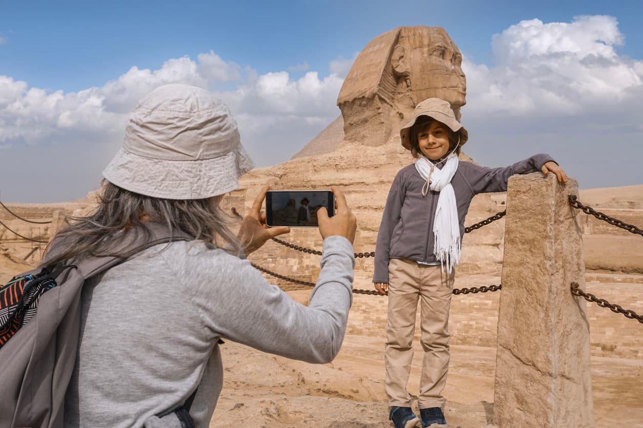 Trip to Egypt mother taking selfie of son at the great sphinx of Giza, Trip to Egypt